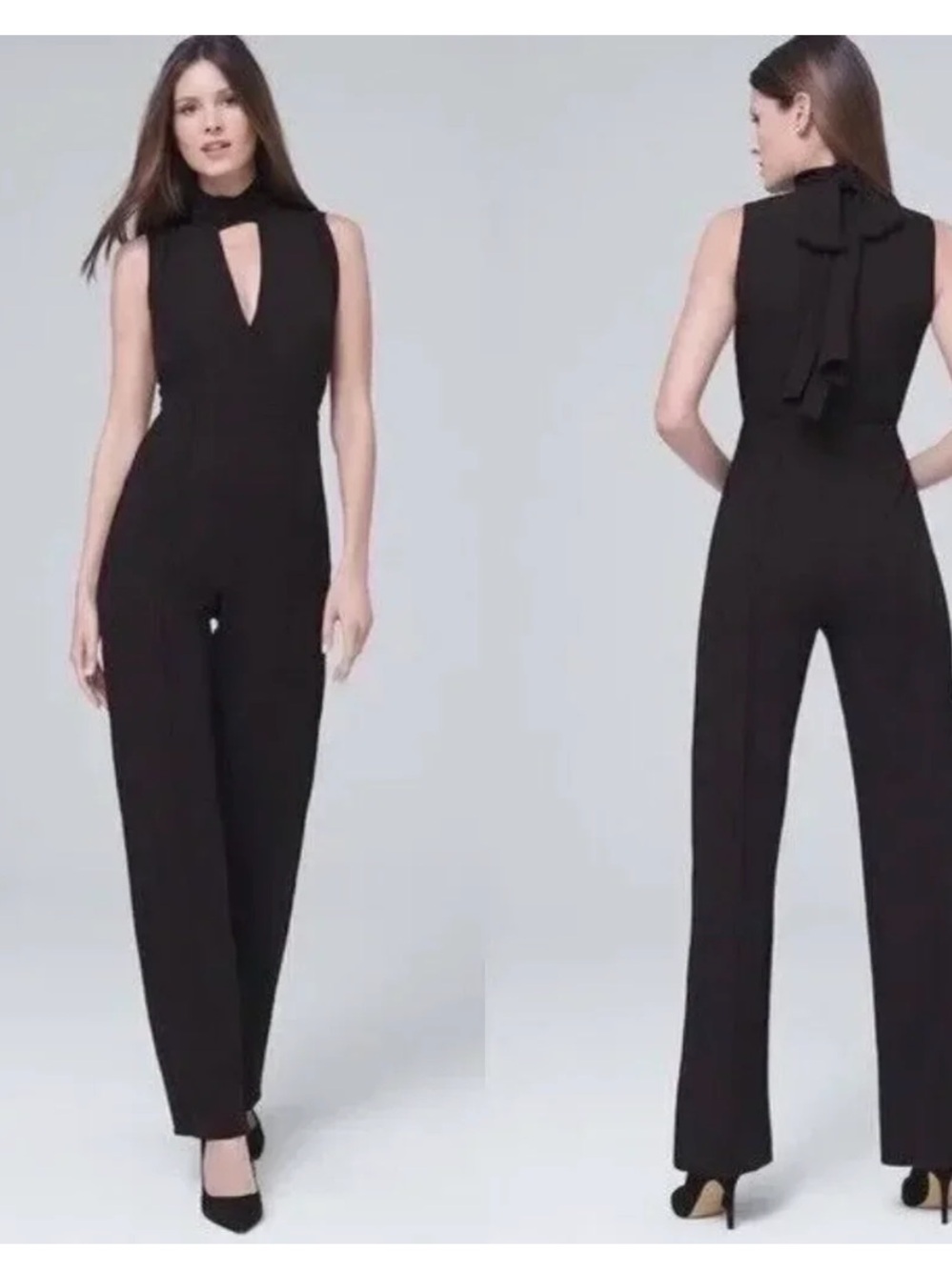 White House Black Market Black Sleeveless Jumpsuit with Neck Tie